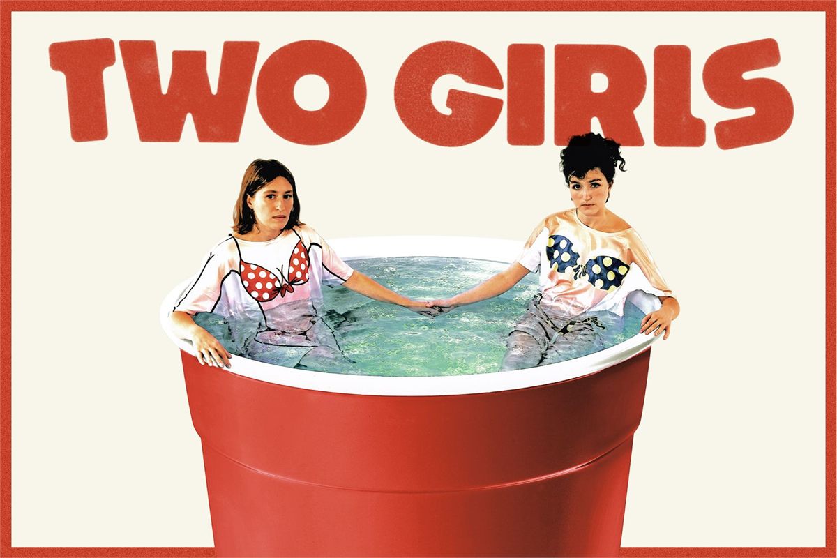 Key art for Two Girls at Cherry Lane Theatre Key art for Two Girls at Cherry Lane Theatre, showing two performers in a giant red cup