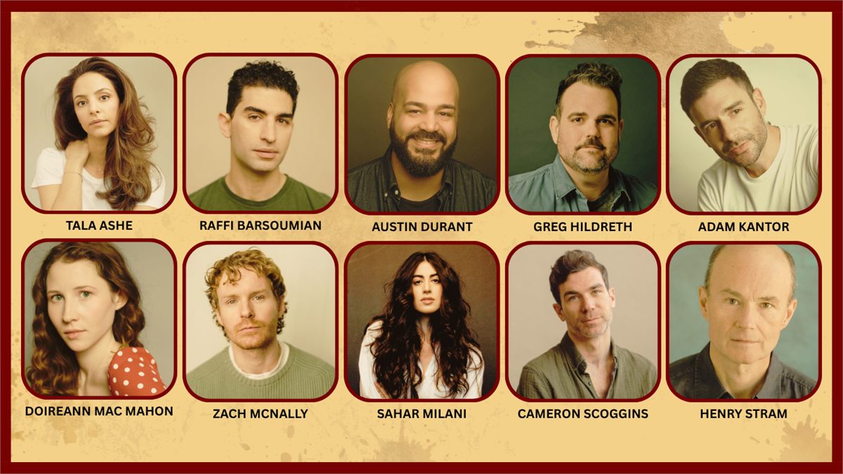 Classic Stage Company cast graphic for Waiting for Lefty: headshots of Tala Ashe, Raffi Barsoumian, Austin Durant, Greg Hildreth, Adam Kantor, Doireann Mac Mahon, Zach McNally, Sahar Milani, Cameron Scoggins and Henry Stram
