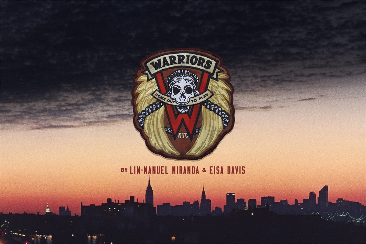 Warriors key art: the gang's embroidered W patch over a New York skyline at dusk. Photo by Bruce Davidson/Magnum Photos